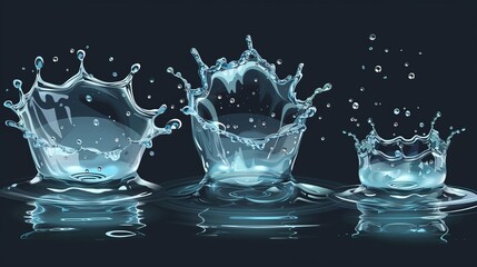 Waves swirl with drops, and the water crown splashes. Vector clear blue liquid falling or pouring with bubbles of air, isolated realistic three-dimensional elements, fresh drink