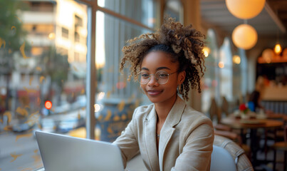 African american woman freelancer in beige suit sitting in modern cafe or office and working on laptop