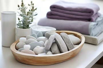 Fototapeta na wymiar Spa stones and towels on table