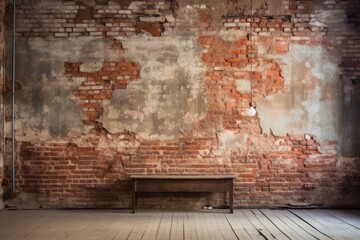 An old brick wall with a wooden bench in front of it - obrazy, fototapety, plakaty