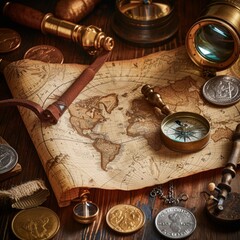 Old world map with compass, magnifying glass and coins - obrazy, fototapety, plakaty