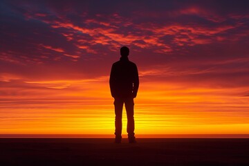 Lonely Man Silhouette Watching a Colorful Sunset Overlooking the Ocean