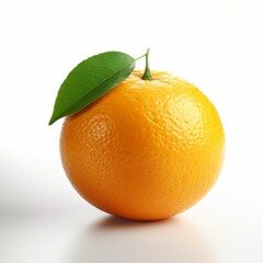 An orange fruit with a green leaf on a white background