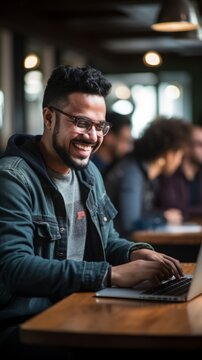 A programmer is happily coding away on his laptop in a coffee shop.