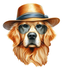 Beautiful watercolor illustration of a cool golden retriever dog puppy in sunglasses  isolated on white background