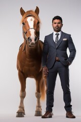 A man in a suit standing next to a brown horse - obrazy, fototapety, plakaty