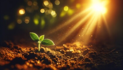 small plant growing out of its from a sunshine forest with the sun shining background; ecology concept and sustainable environment safe ecosystems