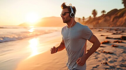 Young guy run and listens to music on headphones, outdoors at the beach