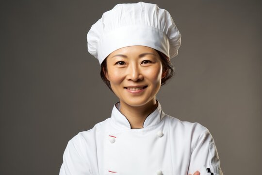 portrait of a smiling asian female chef in a white chef's hat and white chef's coat
