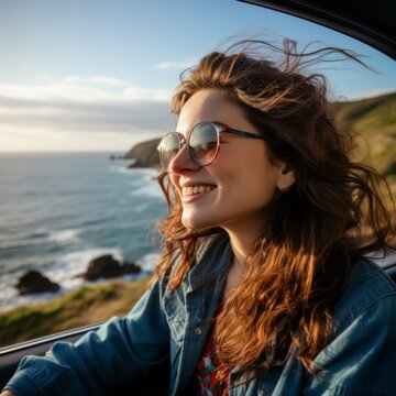 Young woman with long brown hair driving a car along the coast