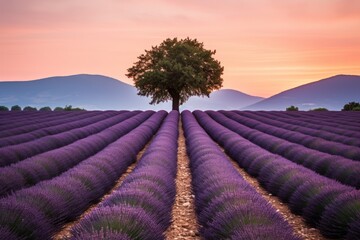 Lavender field with a tree in the middle at sunset - obrazy, fototapety, plakaty