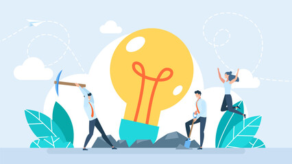Business idea concept. Flat tiny businessman character dig success light bulb with pickaxe. Concept of brainstorming and creating. Man digging with a shovel to find an idea. Vector illustration.