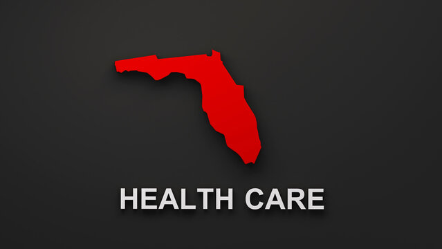 Bright red silhouette of Florida on a dark background, emphasizing health care services in the state