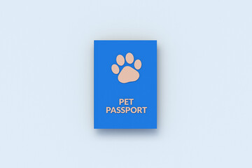 Pet passport. Id document for travel with dog or cat. Veterinary certificate. Travel with animal. Legal trip. Top view. 3d render
