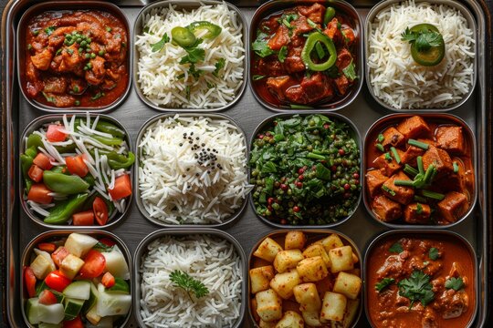 Abundante comida india para restaurante, culturas tradicionales. Take away. Fotograf&iacute;a gastron&oacute;mica.