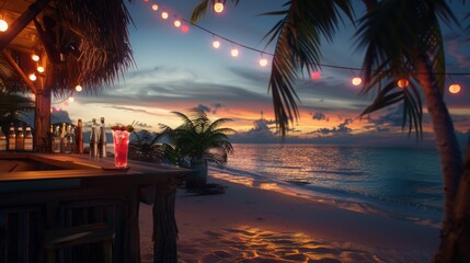 Fototapeta premium A view of a beach with a bar and palm trees