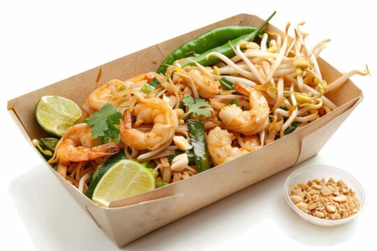 Pad thai fideos en un embalaje de cartón para llevar, fotografía de alimentos aislado con fondo blanco. Fotografía gastronómica oriental. Imagen para restaurante.