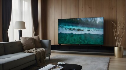 a clean and sharp image of a modern flat-screen TV that is hung on the wall of a living room - obrazy, fototapety, plakaty
