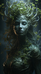 manifesting the ultra detailed visage of a furious dryad goddess Generative AI