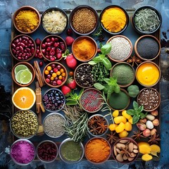 Group of vegan food rich in antioxidants. Top view. Ingredients for the healthy foods selection The concept of healthy food set up on wooden background.