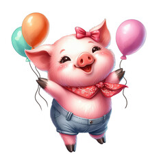 cute cartoon pig in jeans with balloons. Watercolor illustration