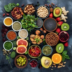 Foods high in antioxidants, anthocaynins, vitamins, minerals and dietary fibre. Top view.