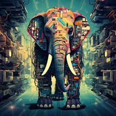 Futuristic cybernetic elephant standing amidst high-tech surroundings