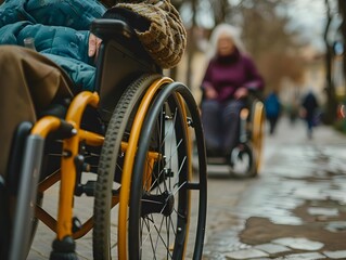Senior or elderly old lady woman patient on wheelchair at street healthy strong medical concept. Close Up of Wheel Chair Outdoors. Old Person Sitting on Wheel Chair.
