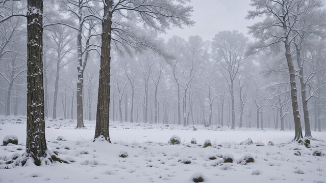 A snow-covered forest with tall trees and rocks visible through the snow. ai generative