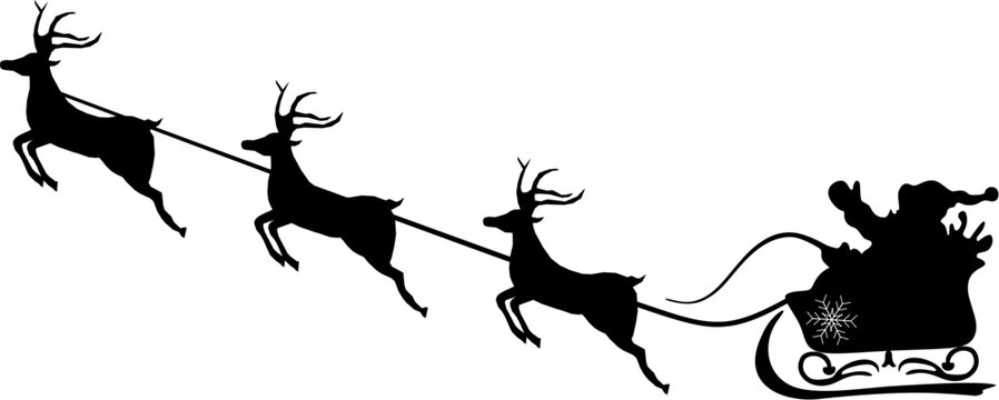 Santa sleigh silhouette stars white background 