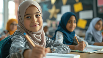 Portrait of a Muslim girl hijab in classroom. Modest and ambitious, her hijab represents her commitment to knowledge.