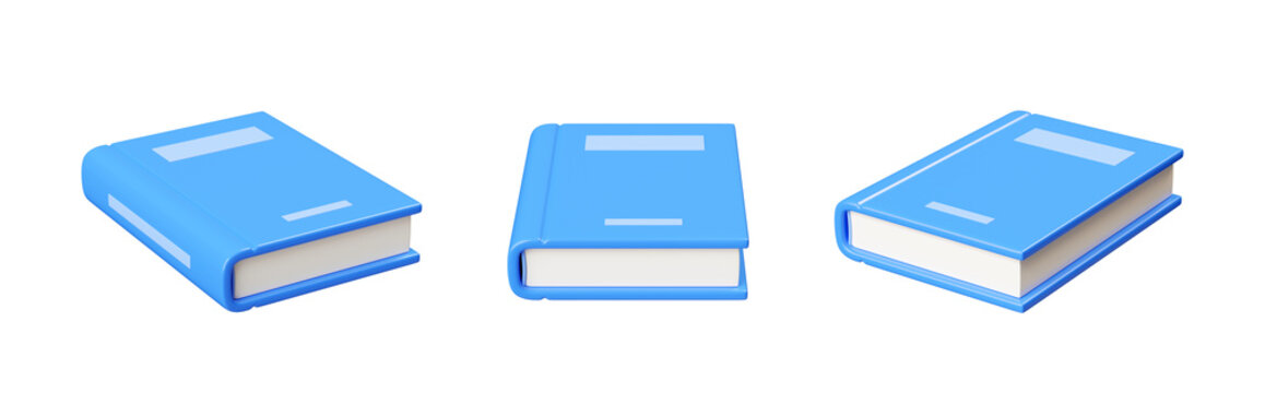 Close paper book with blue glossy hard cover lying in different angles of view. 3d render