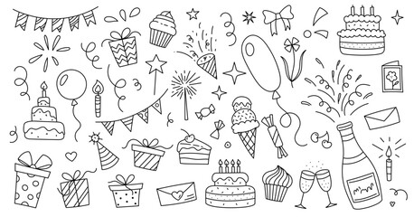 Birthday doodle elements. Set of hand drawn gift, birthday cake, balloons isolated on white background. Festive doodle illustrations drawn by hand