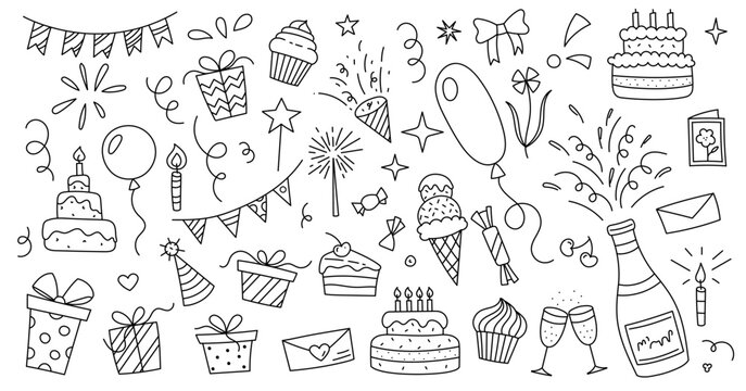 Birthday doodle elements. Set of hand drawn gift, birthday cake, balloons isolated on white background. Festive doodle illustrations drawn by hand