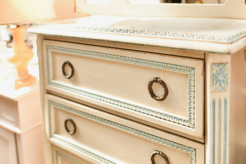 White antique wooden painted chest of drawers European, french