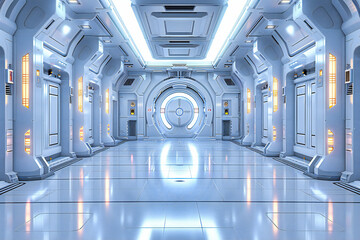 A futuristic hallway or spacecraft interior, highlighting advanced technology and space exploration in a science fiction setting