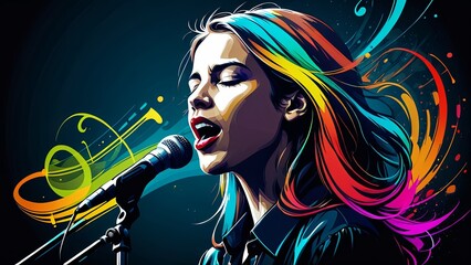 Melodic Aura: Enchanting Female Vocalist and Colorful Music Notes