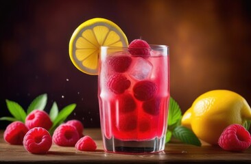 glass of non-alcoholic raspberry lemonade with mint, refreshing drink, detox water, fresh summer cocktail with ice, berry cocktail