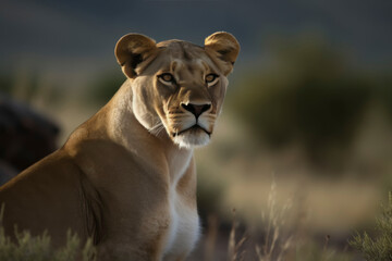 Obraz premium African Lioness Surveying the Savannah at Sunset