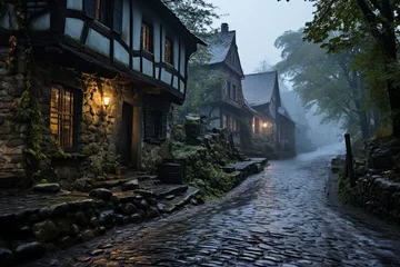 Deurstickers narrow cobblestone street in a scary town © Jorge Ferreiro