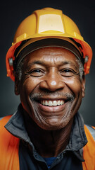 Portrait of african american man architect at building site looking at camera. Confident construction manager wearing hardhat. Successful mature civil engineer at construction site with copy space.