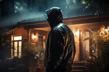 hooded criminal bypassing the alarm system of a house to rob - obrazy, fototapety, plakaty