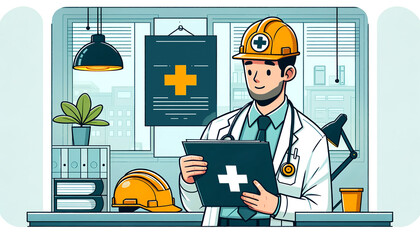 A cartoon illustration of a medical professional in a hard hat holding a clipboard, symbolizing workplace health and safety, in an office environment.AI generated.