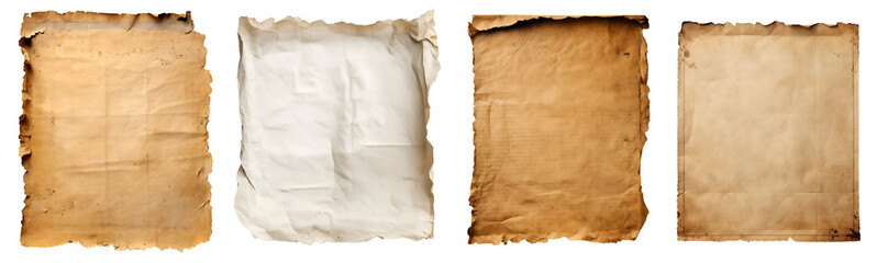 Fototapeta premium Collection set of vintage aged paper scroll parchment, old texture torn burnt crumple rip edges on transparent background cutout, PNG file. Many different design. Mockup template artwork graphic