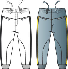 Sweat Pants Flat Sketch: Fashion Design Template with Vector Drawing. Boys' Fashion Pants Design Technical Sketch.