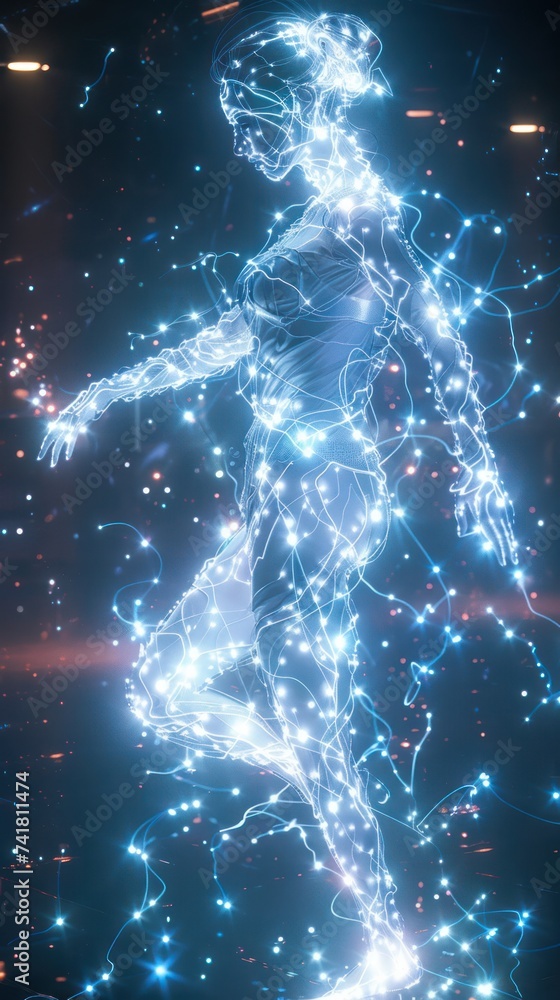 Poster a dancer in a hologram studio midnight performing with ai generated light forms in avant garde style