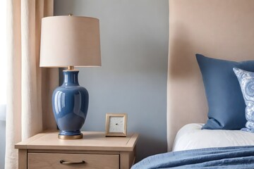 A bedroom with blue pillows and a blue lamp close-up. Cozy interior of a private house or modern apartment.