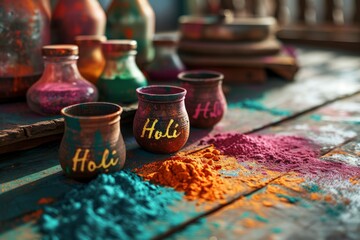 Obraz na płótnie Canvas Vibrant Holi festival powders in pots with 'Holi' text, symbolizing joy and tradition