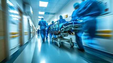 Emergency Medical Team Rushing Patient Through Hospital Corridor.