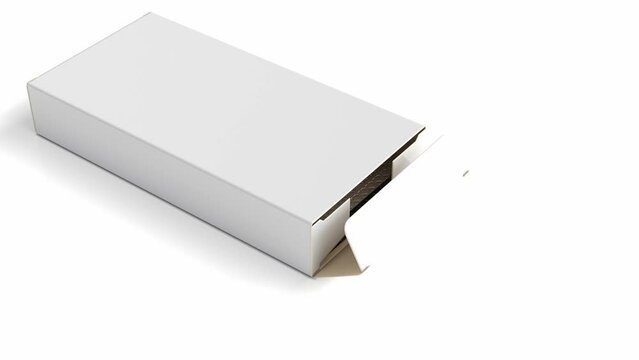 Blank white cardboard box opens to reveal a blister packs of pills. 3d animation on white background